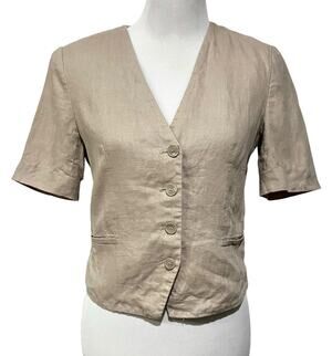 Women’s Zara 100% Linen Beige Waistcoat V-neck Button Down Short Sleeve Size S